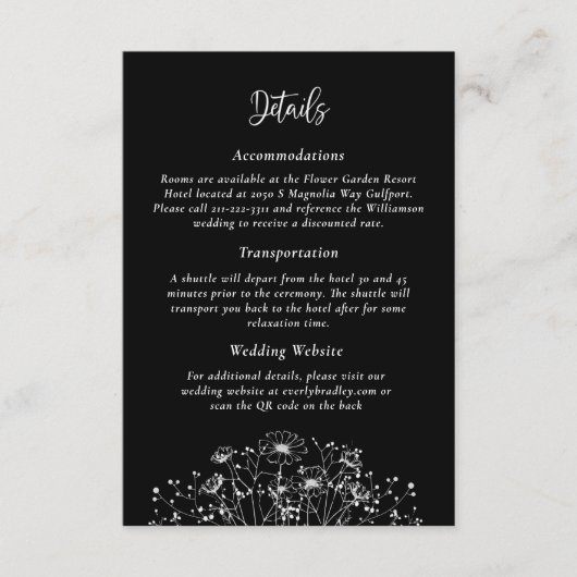 Zwart Wit Wildflower QR Code Details Bruiloft Informatiekaartje (Voorkant)