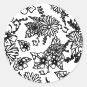 Zwart-wit Wildflower Ronde Sticker (Voorkant)