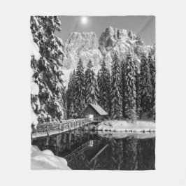Zwart-wit Winter Mountain Lake Cabin Foto Fleece Deken