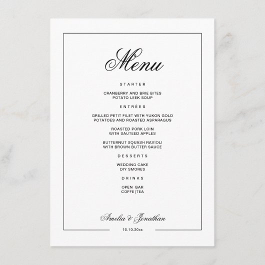 Zwart-wit winterbruiloftsmenu menu (Voorkant)