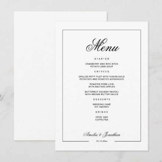 Zwart-wit winterbruiloftsmenu menu (Voorkant / Achterkant)