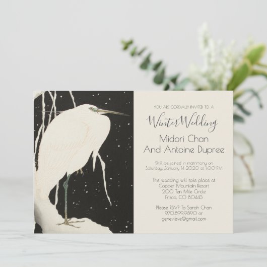 Zwart-Wit Winterhuwelijk | Witte Reiger Kaart (Staand voorkant)