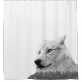 Zwart Wit Wolf Dubbele Blootstelling Bos Rustiek Douchegordijn (Voorkant)