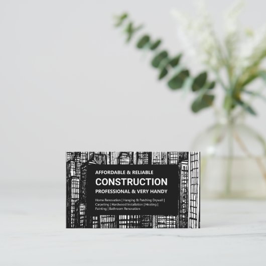 Zwart-wit wolkenkrabber constructie visitekaartje (Staand voorkant)