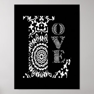 Zwart-wit Word Art Lacy Pattered Love Poster