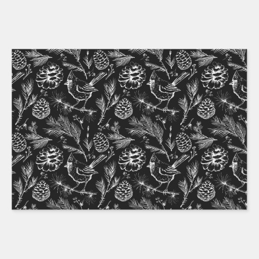 Zwart & Wit XL Kardinaal Vogel, Pine, Winter Berry Inpakpapier Vel (Voorkant 2)