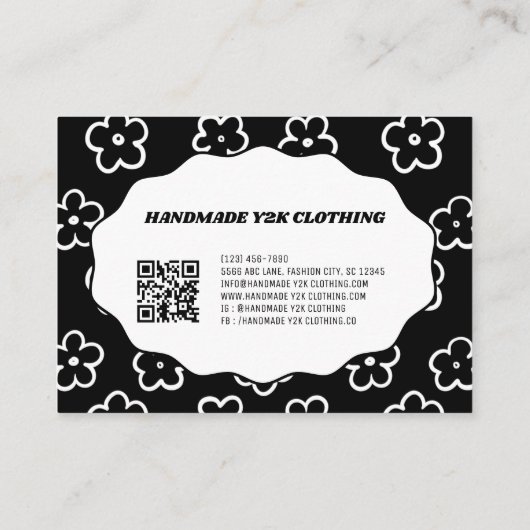 Zwart Wit Y2K Bloem Handgemaakte Kleding Visitekaartje (Achterkant)