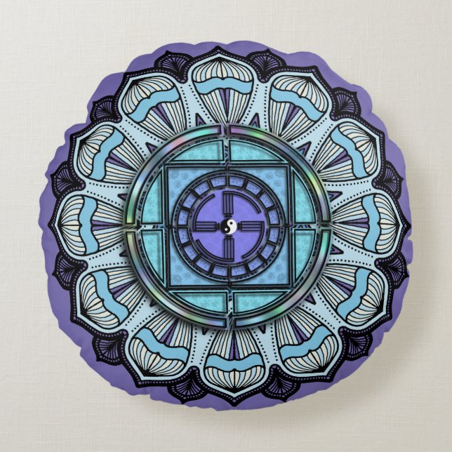 Zwart Wit Yin Yang op Lavendel Aqua Mandala Rond Kussen (Voorkant)