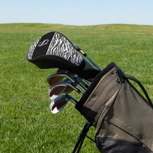 Zwart Wit Zebra Animal Pattern Initiaal Monogram Golfheadcover (Insitu)
