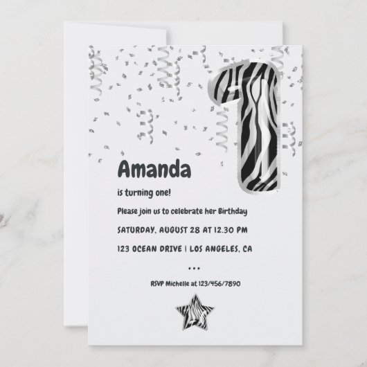 Zwart-wit Zebra Balloon 1e Verjaardagsfeest Kaart (Voorkant)