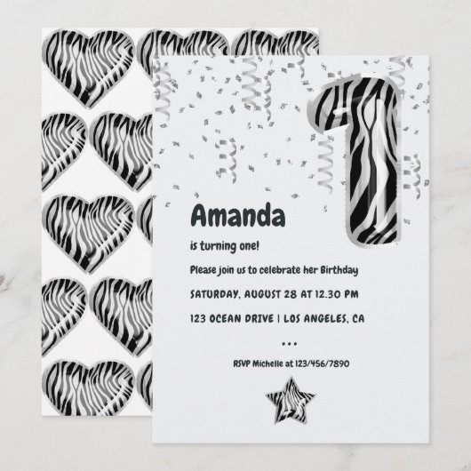 Zwart-wit Zebra Balloon 1e Verjaardagsfeest Kaart (Voorkant / Achterkant)