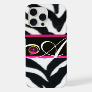 ZWART WIT ZEBRA BONT FUCHSIA ROZE EDELSTEEN MONOGR iPhone 15 PRO MAX CASE