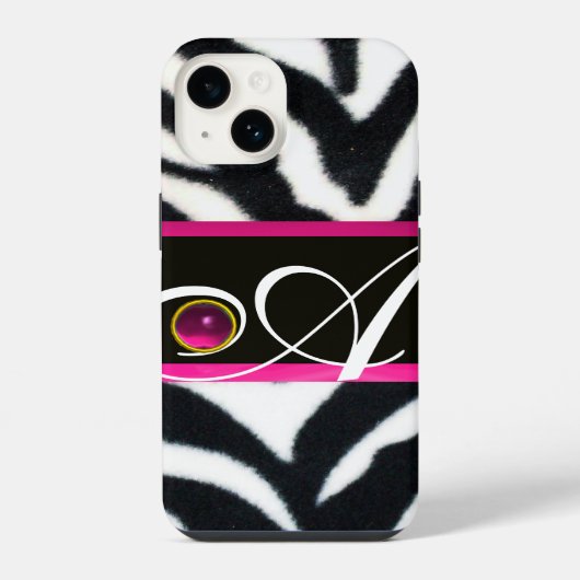 ZWART WIT ZEBRA BONT FUCHSIA ROZE EDELSTEEN MONOGR iPhone HOESJE (Achterkant)