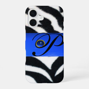 ZWART WIT ZEBRA BONT SAFIER BLAUWE EDELSTEEN MONOG iPhone 16 HOESJE