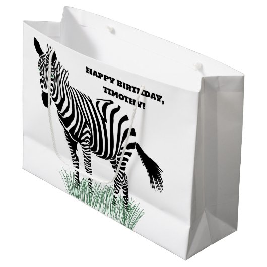 Zwart-wit Zebra in het gras Groot Cadeauzakje (Voorkant Gekanteld)