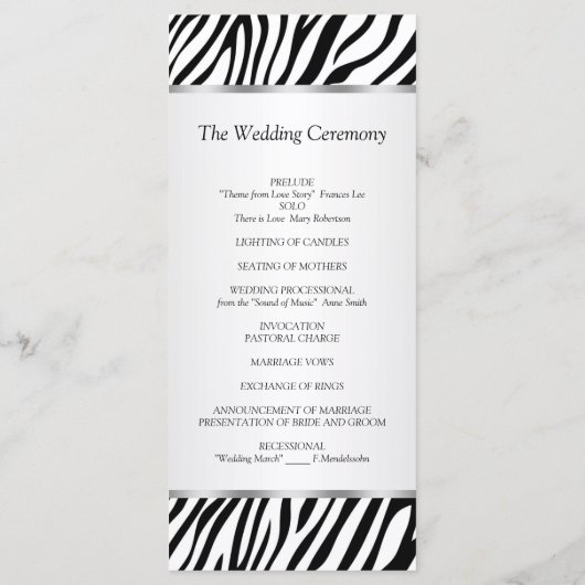 Zwart wit zebra, lint, juweel Trouwprogramma Programmakaart (Achterkant)