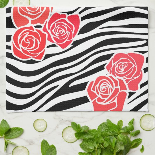 Zwart-wit Zebra patroon + rode rozen Theedoek (Gevouwen)