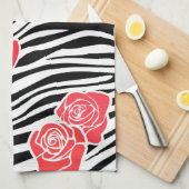 Zwart-wit Zebra patroon + rode rozen Theedoek (Quarter Fold)