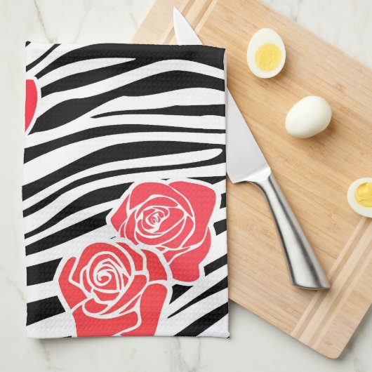 Zwart-wit Zebra patroon + rode rozen Theedoek (Quarter Fold)
