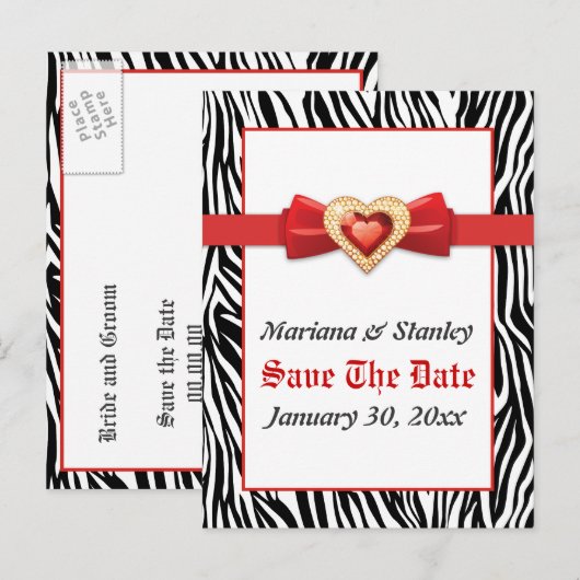 Zwart wit zebra print, rood juweel Save the Date Aankondigingskaart (Voorkant / Achterkant)
