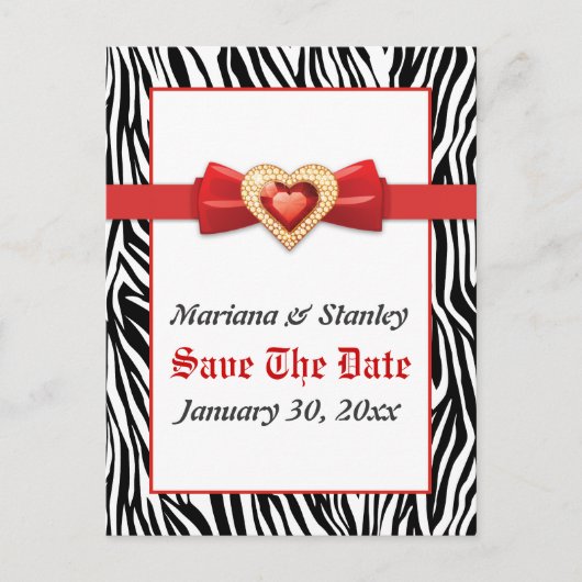 Zwart wit zebra print, rood juweel Save the Date Aankondigingskaart (Voorkant)