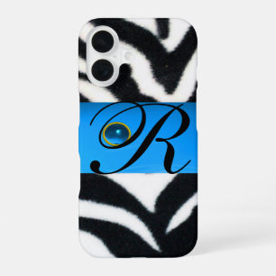 ZWART WIT ZEBRA VEL AQUA BLAUWE EDELE STEEN MONOGR iPhone 16 HOESJE