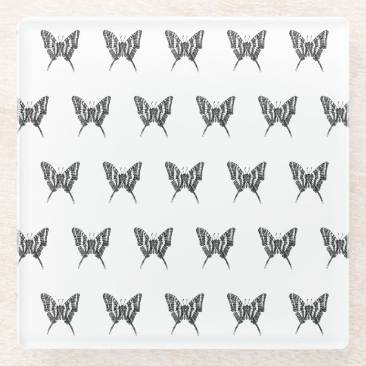 Zwart & Wit Zebra Vlinderinkt Tekenpatroon Glazen Onderzetter (Voorkant)