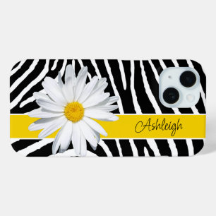 Zwart, wit zebraprint, madeliefje iPhone 15 case
