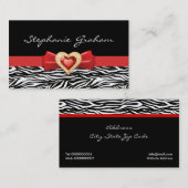 Zwart wit zebraprint met rode strik en juweel visitekaartje (Voorkant / Achterkant)