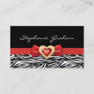 Zwart wit zebraprint met rode strik en juweel visitekaartje