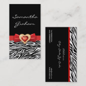 Zwart wit zebraprint met rode strik en juweel visitekaartje (Voorkant / Achterkant)