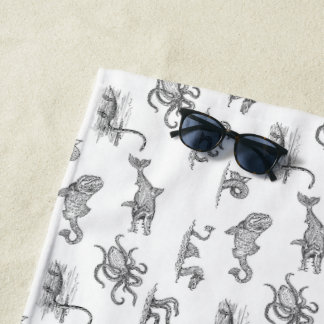  zwart-wit Zee Monster Line Art Beach Strandlaken