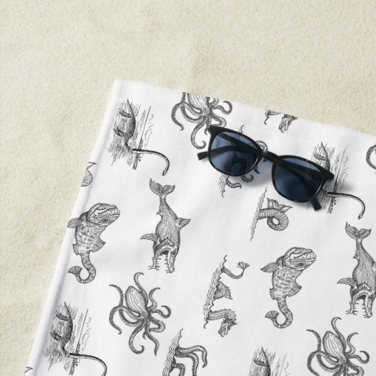 zwart-wit Zee Monster Line Art Beach Strandlaken (In situ)