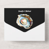 Zwart wit zeeschelp parel oester shell tropisch all in one uitnodiging (Achterkant)