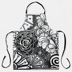 Zwart-Wit Zen Bloemmotief Tekening Schort