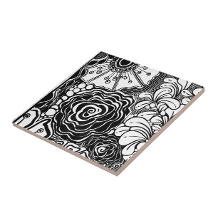 Zwart-Wit Zen Bloemmotief Tekening Tegeltje