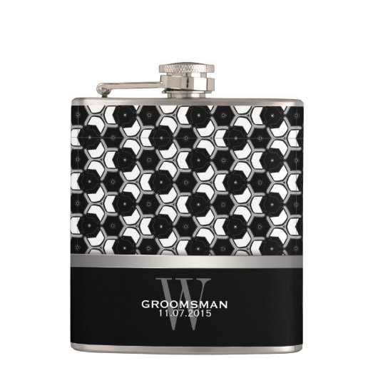 Zwart Wit Zeshoek Patroon Groomsmen Hip Flask Heupfles (Voorkant)