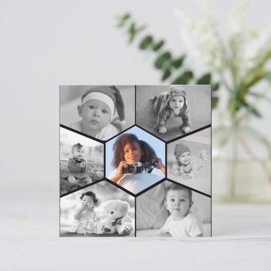 Zwart-wit zeshoekige fotocollage kaart (Staand voorkant)