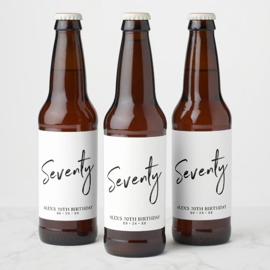 Zwart & Wit Zeventig Script 70ste verjaardagsfeest Bier Etiket (Flessen)