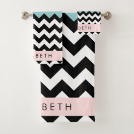 Zwart-wit Zigzag, Chevron, Blauw, Jouw naam Bad Handdoek
