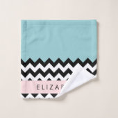 Zwart-wit Zigzag, Chevron, Blauw, Jouw naam Bad Handdoek (Wasdoekje)