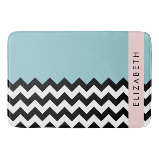 Zwart-wit Zigzag, Chevron, Blauw, Jouw naam Badmat (Voorkant)