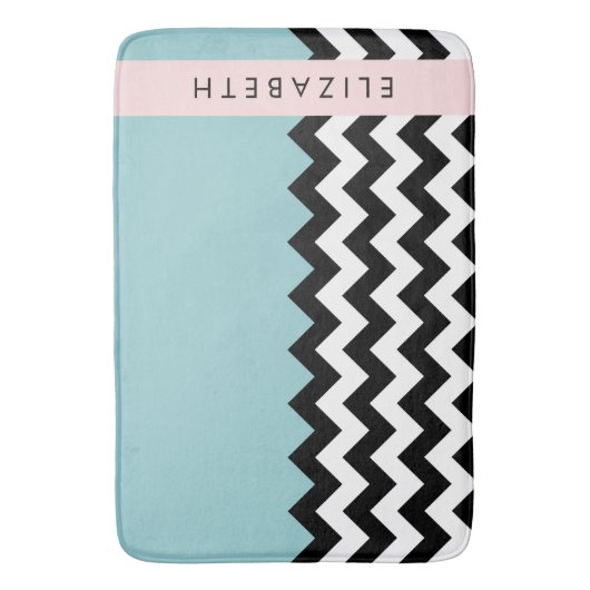 Zwart-wit Zigzag, Chevron, Blauw, Jouw naam Badmat (Voorkant Verticaal)