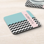 Zwart-wit Zigzag, Chevron, Blauw, Jouw naam Bier Onderzetter (Linkerzijde)