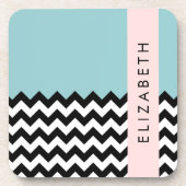 Zwart-wit Zigzag, Chevron, Blauw, Jouw naam Bier Onderzetter (Voorkant)