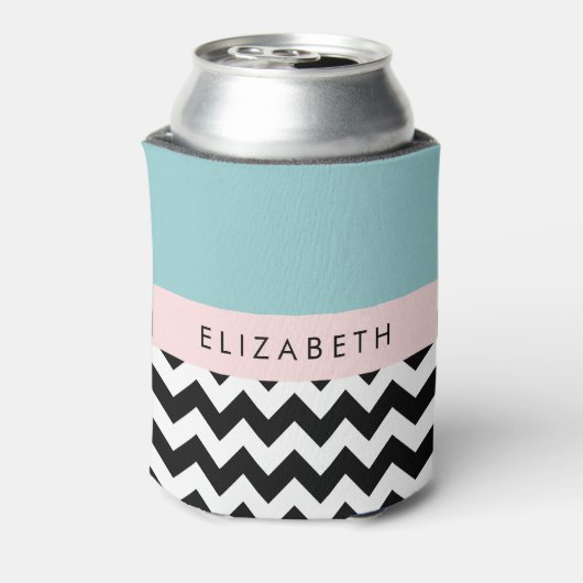 Zwart-wit Zigzag, Chevron, Blauw, Jouw naam Blikjeskoeler (Blikje Achterkant)