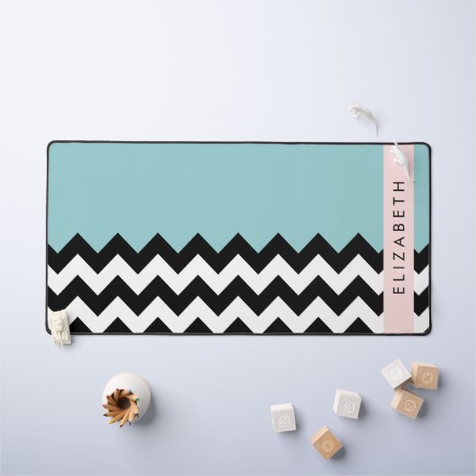 Zwart-wit Zigzag, Chevron, Blauw, Jouw naam Bureaumat (Kindertafel)