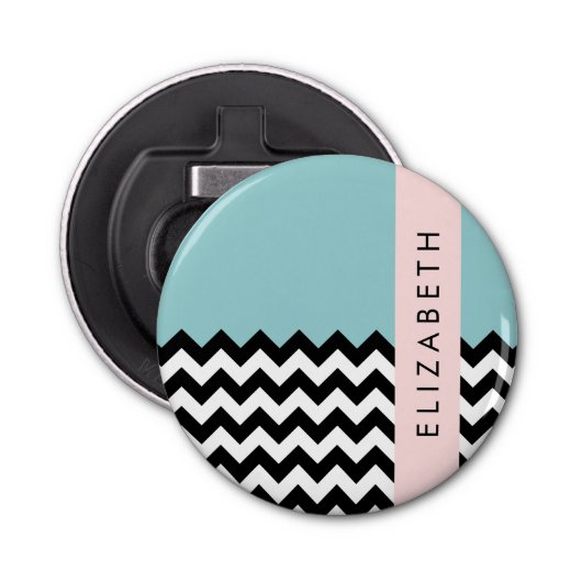 Zwart-wit Zigzag, Chevron, Blauw, Jouw naam Button Flesopener (Voorkant)