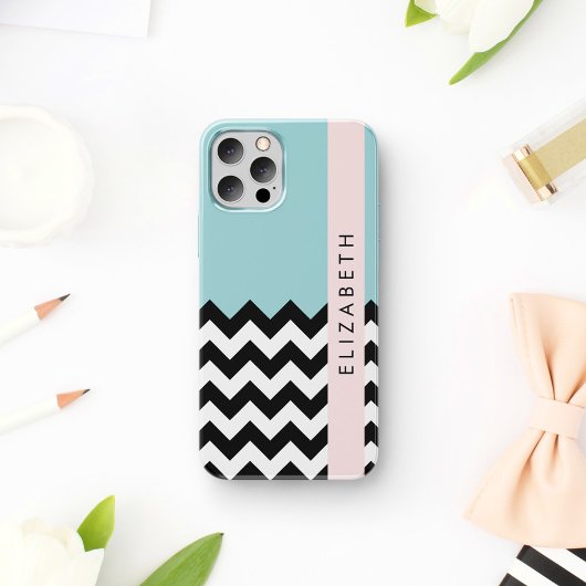 Zwart-wit Zigzag, Chevron, Blauw, Jouw naam Case-Mate iPhone Case