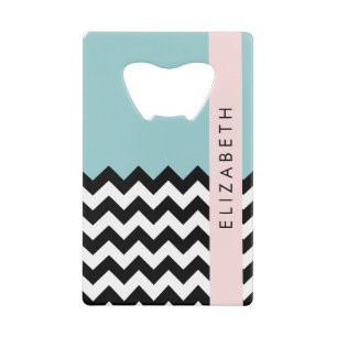 Zwart-wit Zigzag, Chevron, Blauw, Jouw naam Creditkaart Flessenopener
